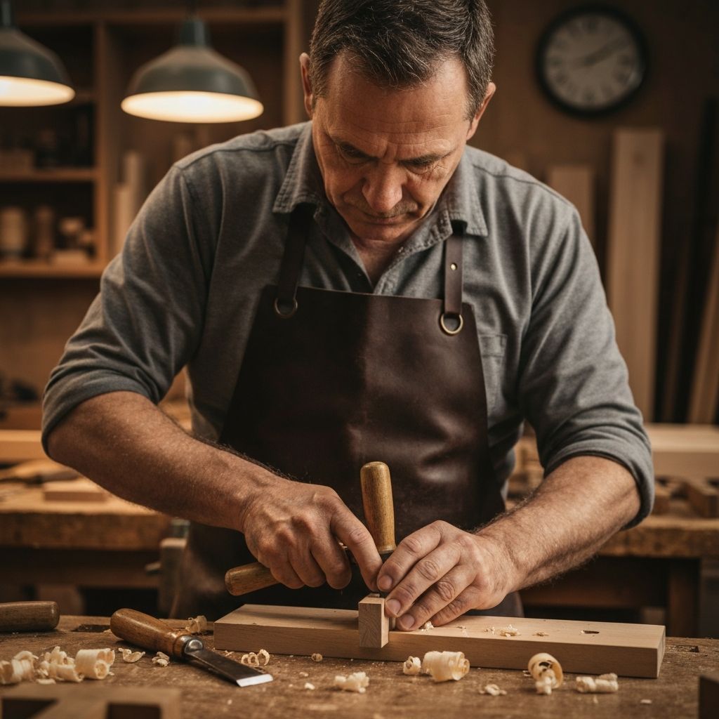 Master craftsman working on a wooden joint in the Bella Joinery workshop