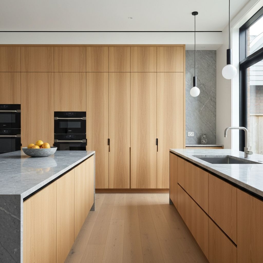 Modern handleless kitchen with light oak cabinetry and grey marble benchtop